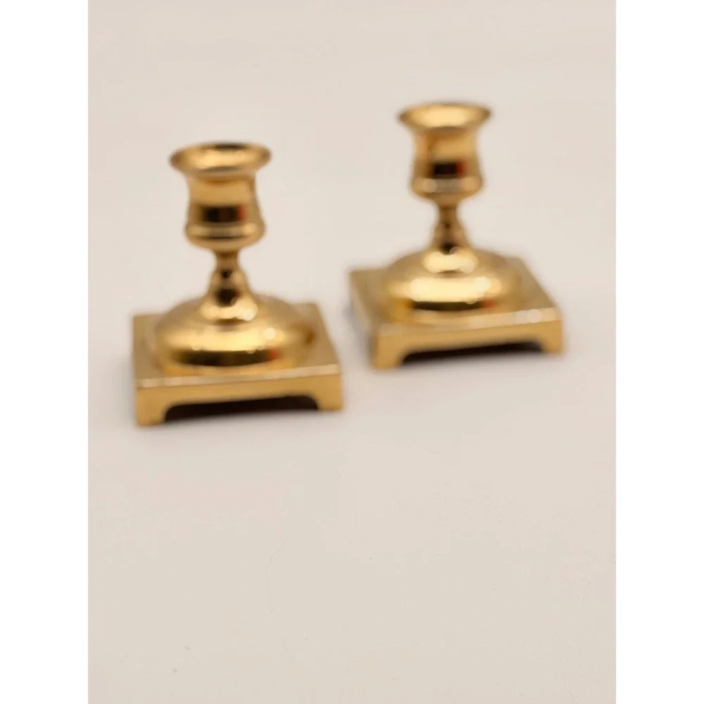 Vintage Pair Solid Brass Square Base Candlestick Holders Made in England 3 Inch
